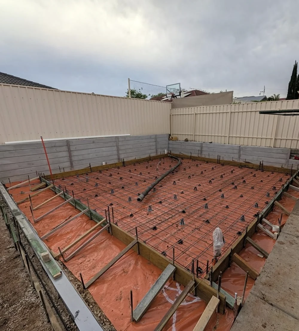 Steel reinforcement and formwork prepared for a Salisbury Heights shed slab